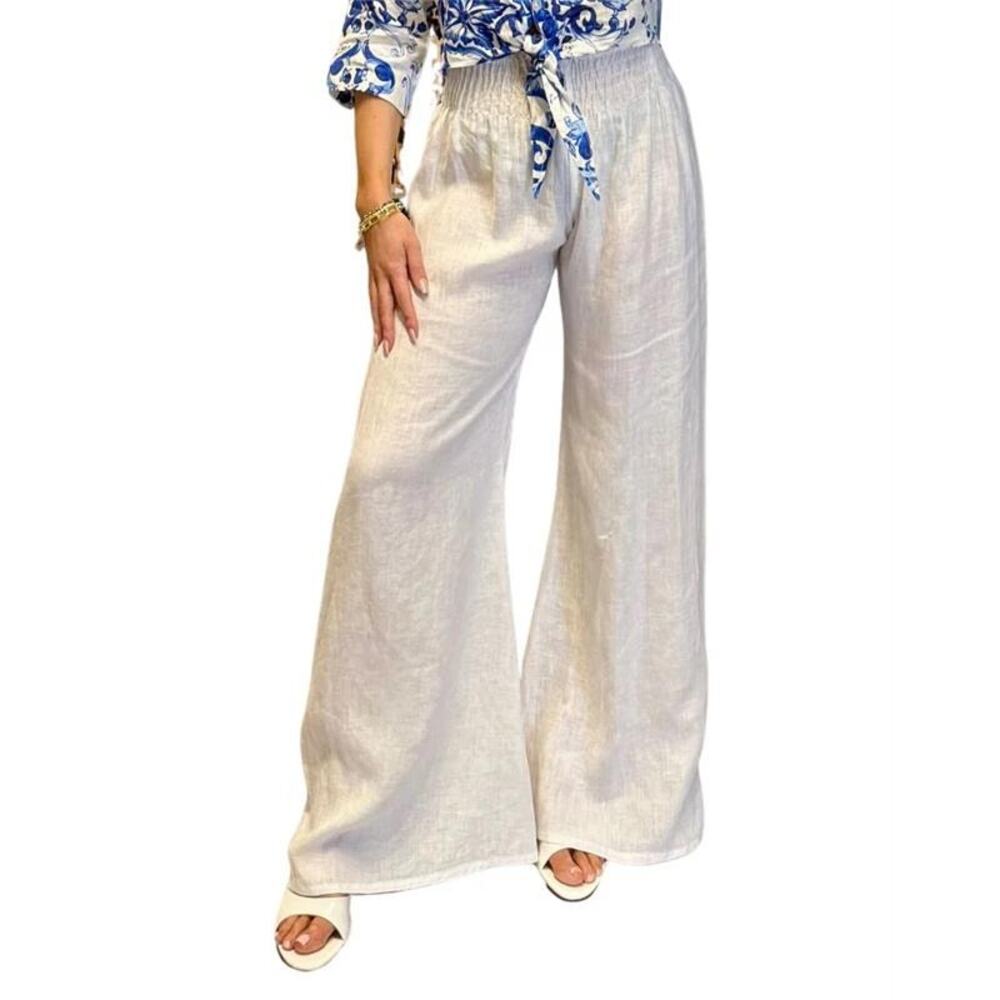 Luisa Positano White Wide Leg Pants 100% Linen Elastic Waist Resort Trousers - Picture 2 of 5